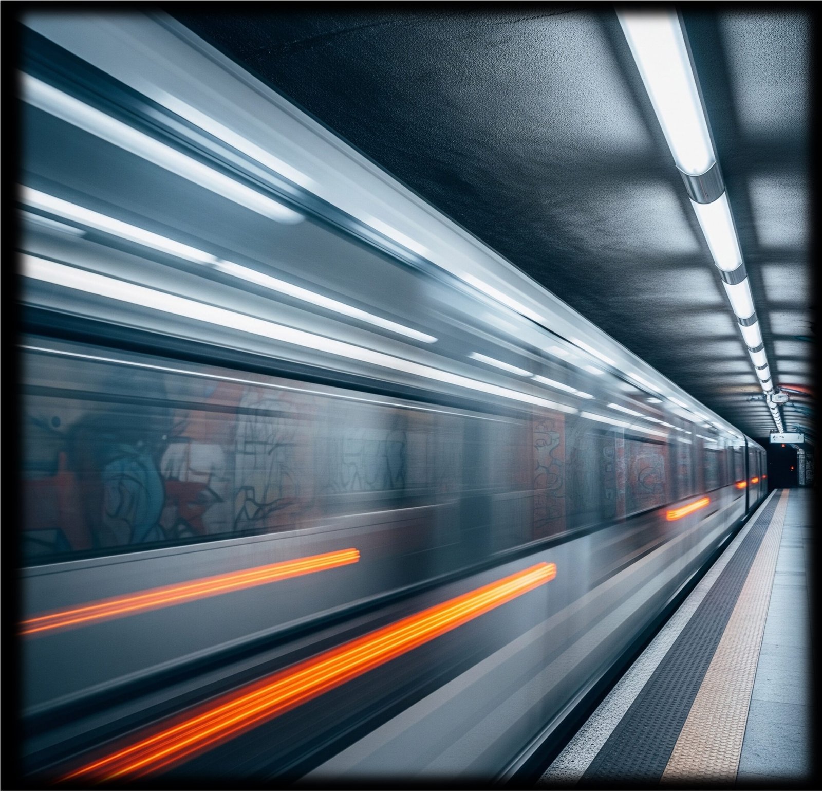Un tren entra a una estación de metro a gran velocidad, creando un efecto de movimiento borroso. Imagen principal para el cuento de ficción "Costumbre".