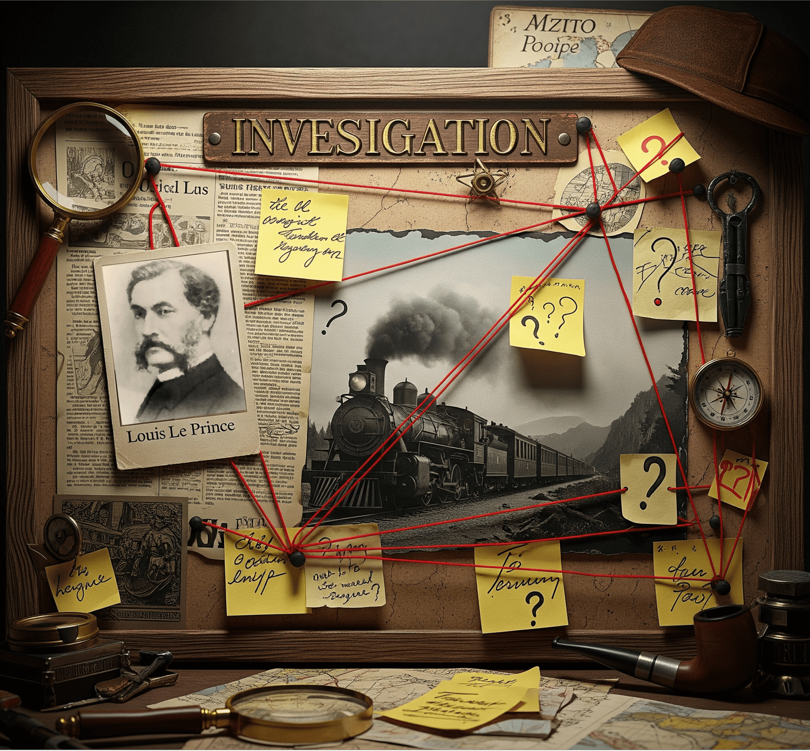 Tablero de investigación al estilo detective con fotos antiguas de Louis Le Prince, notas escritas a mano, y cuerdas rojas que conectan las piezas de un misterio, simbolizando el enigma de su desaparición.