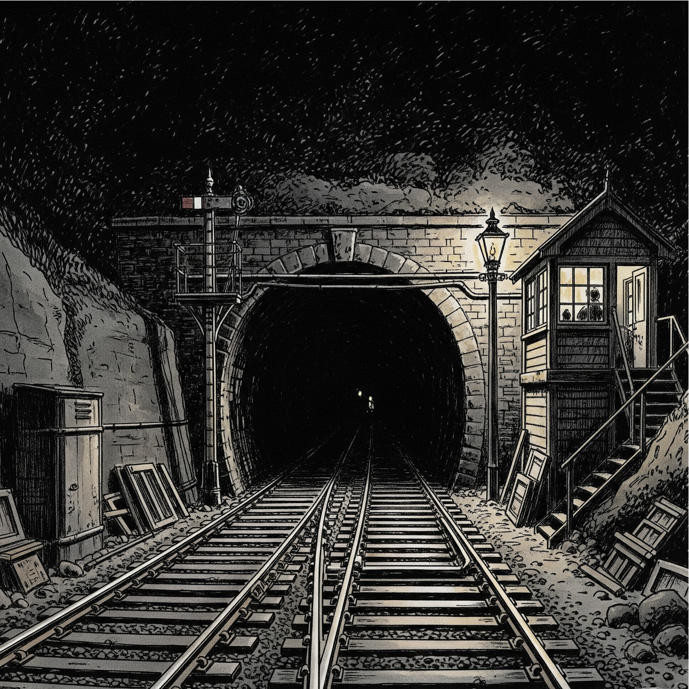 Ilustración para el cuento de terror "El Guardavías" de Charles Dickens. Muestra unas vías de tren solitarias entrando a la boca de un túnel en la noche.