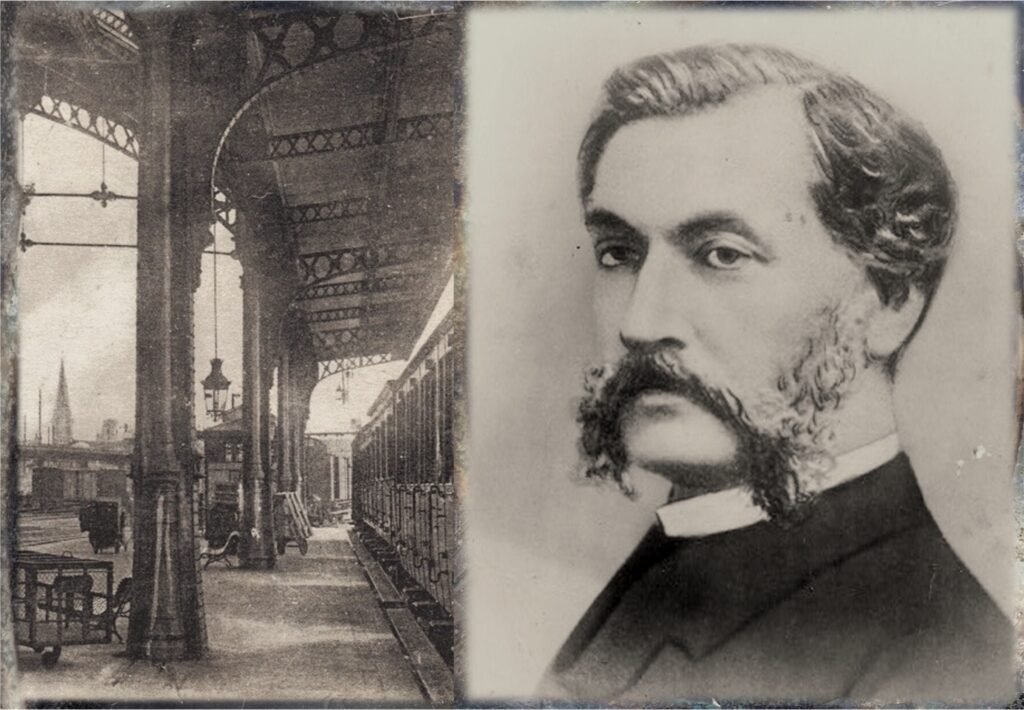 Montaje fotográfico que muestra el retrato de Louis Le Prince a la derecha, junto a una vista brumosa y antigua de un andén de estación de tren a la izquierda, simbolizando su último viaje inconcluso.