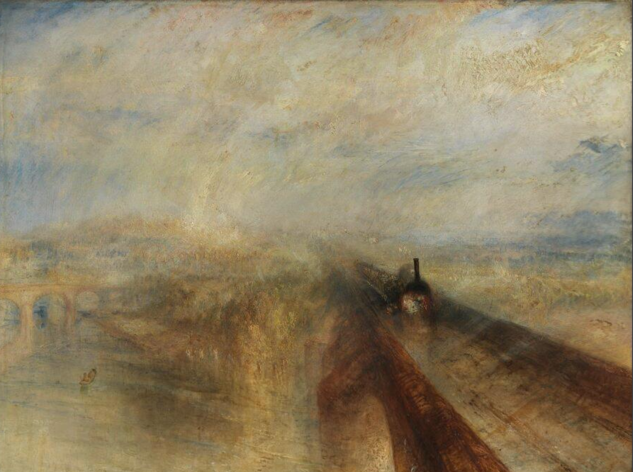 La pintura "Lluvia, vapor y velocidad" de J.M.W. Turner, que muestra un tren emergiendo de un paisaje brumoso.