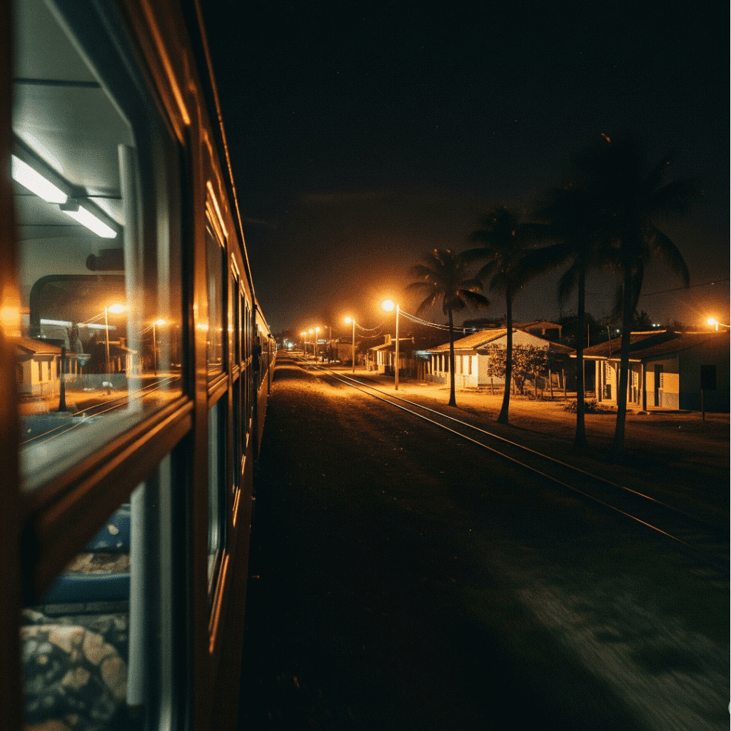 Vista nocturna desde la ventanilla de un tren en marcha, mostrando las luces de un pueblo con palmeras. Imagen principal para el cuento de ficción "Mi Geografía".