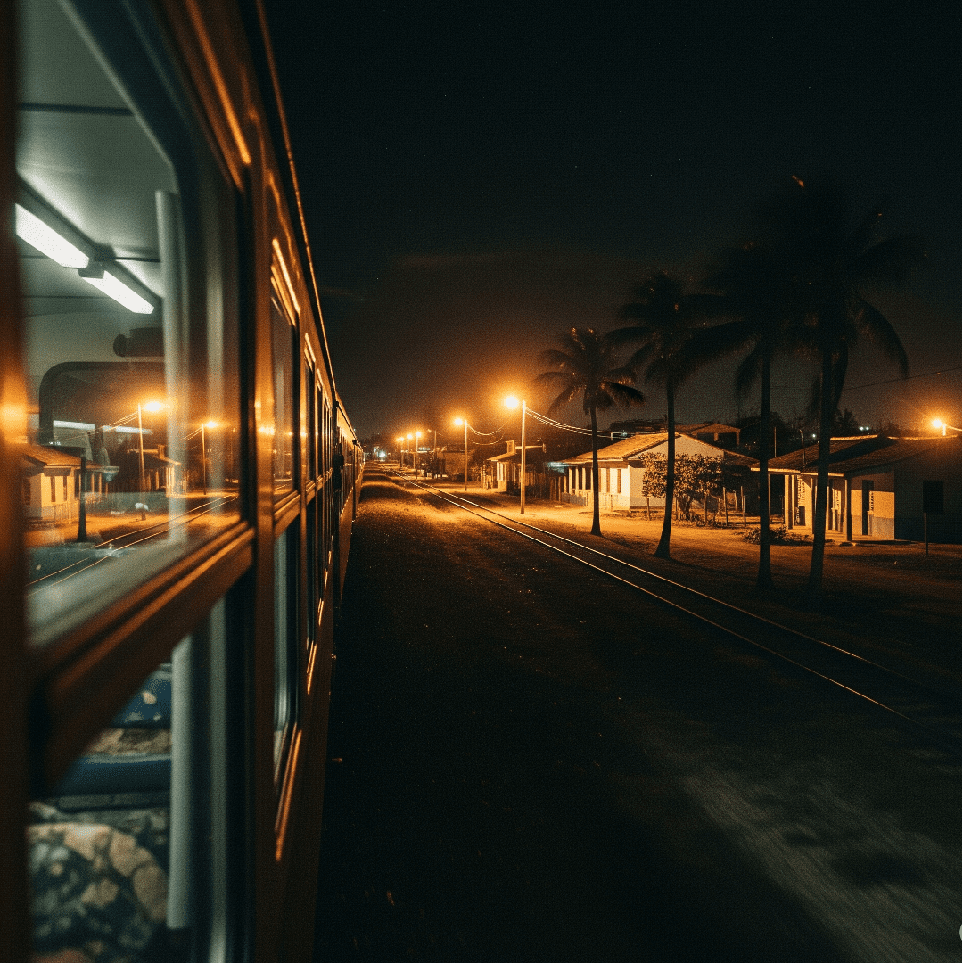 Vista nocturna desde la ventanilla de un tren en marcha, mostrando las luces de un pueblo con palmeras. Imagen principal para el cuento de ficción "Mi Geografía".