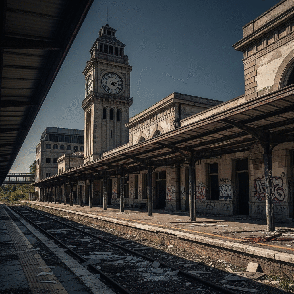 Vías de una estación de tren abandonada y cubierta de maleza. Imagen principal para el cuento de ficción "La estación de las 4:12".