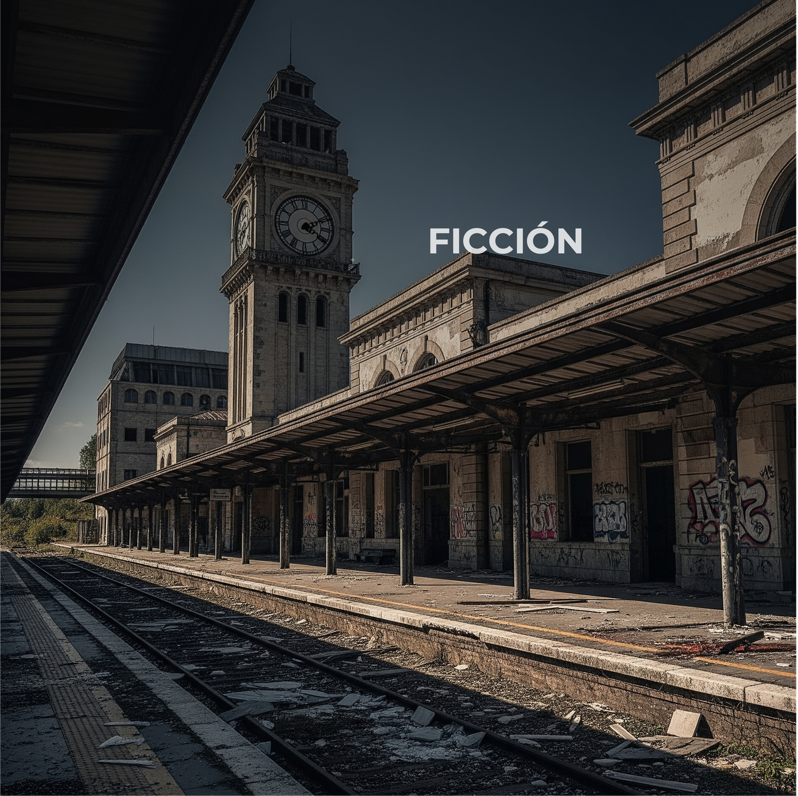 Vías de una estación de tren abandonada y cubierta de maleza. Imagen principal para el cuento de ficción "La estación de las 4:12".