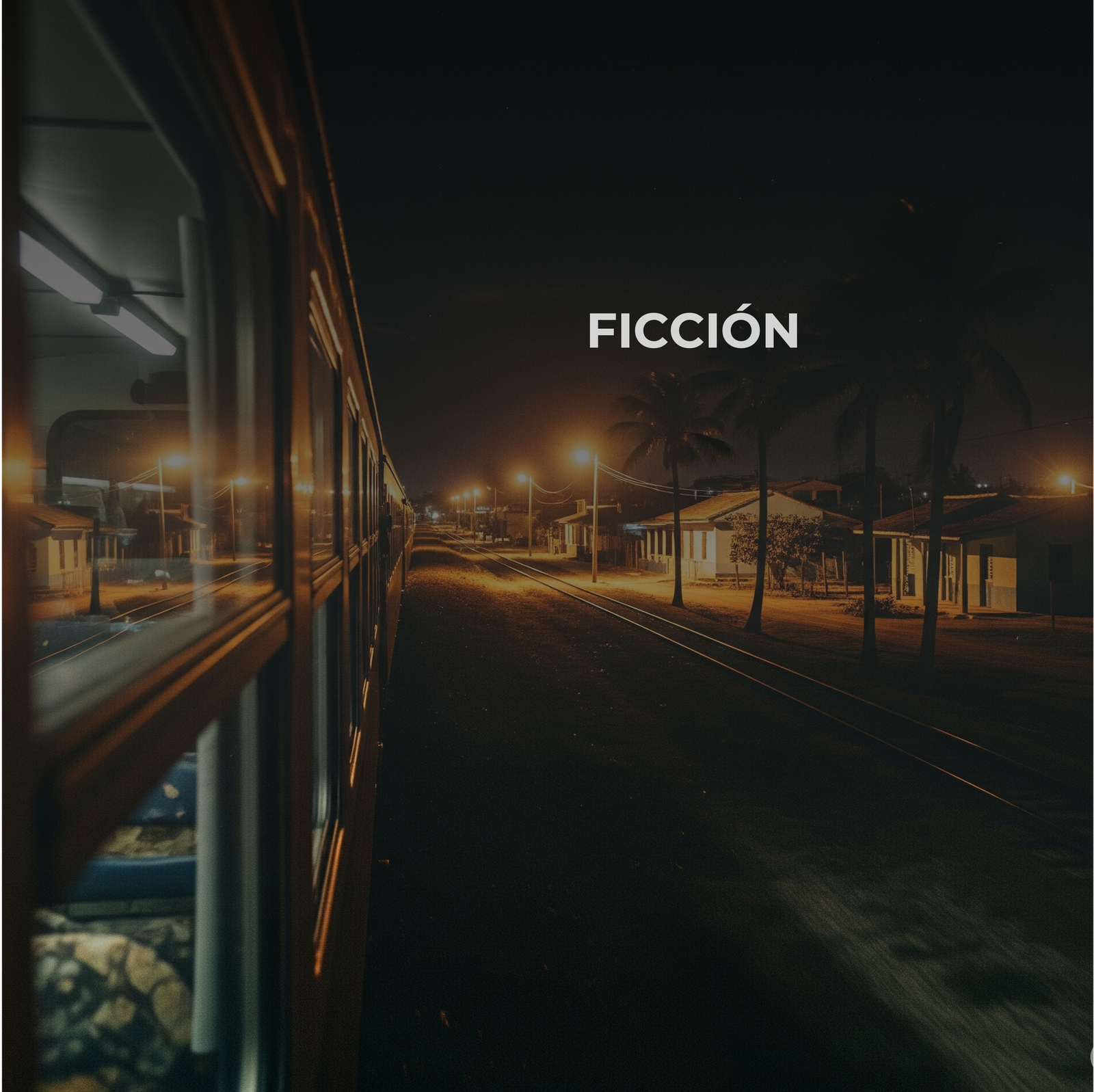Vista nocturna desde la ventanilla de un tren en marcha, mostrando las luces de un pueblo con palmeras. Imagen principal para el cuento de ficción "Mi Geografía".