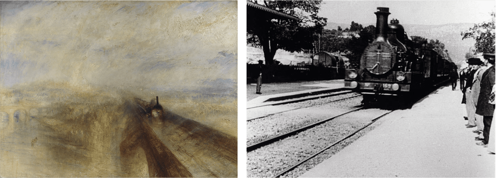 pintura de turner a la izquierda representando un tren sobre un puente y la película de los Lumierèr de tren llegando a la estación