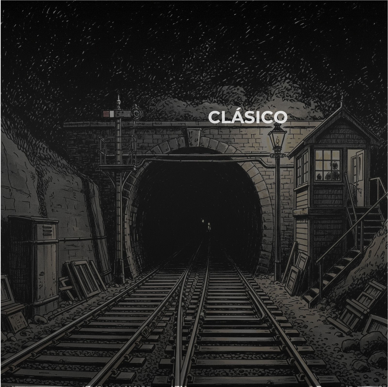 Ilustración para el cuento de terror "El Guardavías" de Charles Dickens. Muestra unas vías de tren solitarias entrando a la boca de un túnel en la noche.