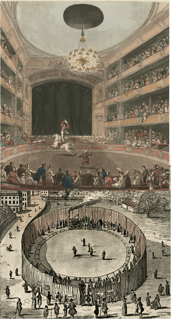 Collage con el Steam Circus de Trevithick y el Anfiteatro de Astley