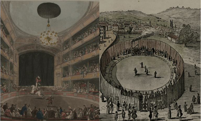 Collage con el Steam Circus de Trevithick y el Anfiteatro de Astley