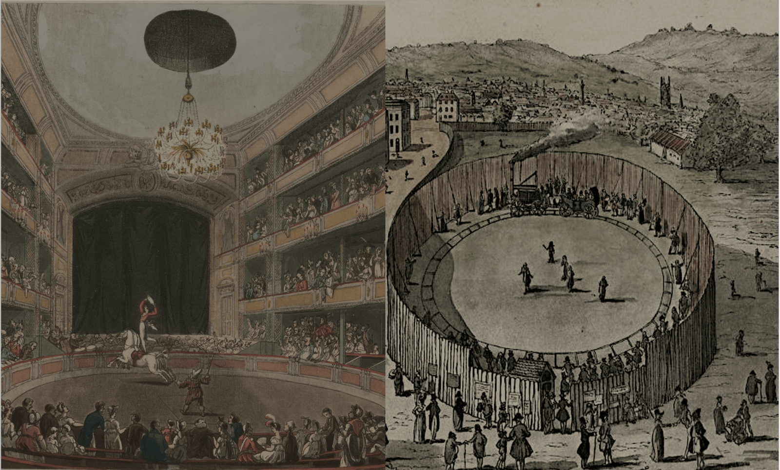 Collage con el Steam Circus de Trevithick y el Anfiteatro de Astley