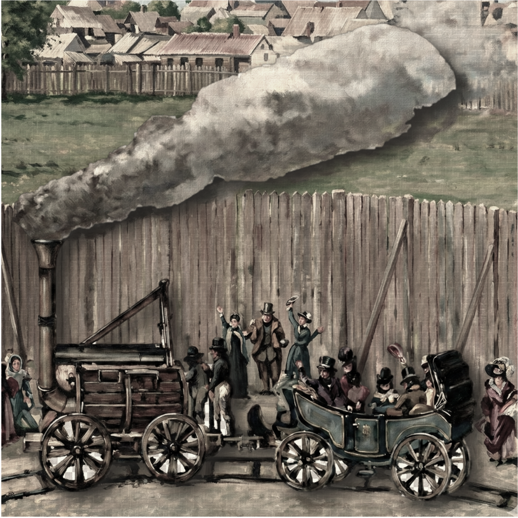 Ilustración con la máquina de Trevithick enganchada a un vagón con pasajeros