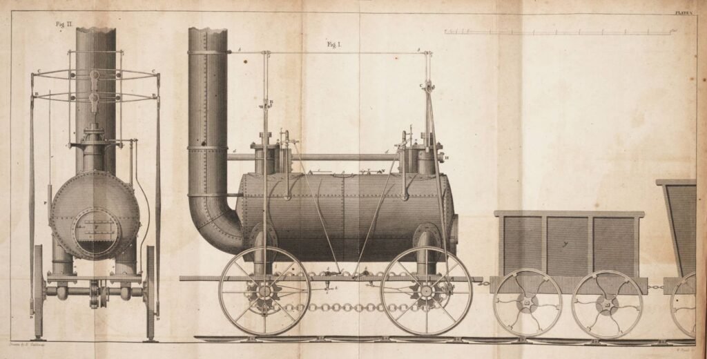 Gráfico de la locomotora que diseñó George Stephenson para la mina Killingworth Colliery