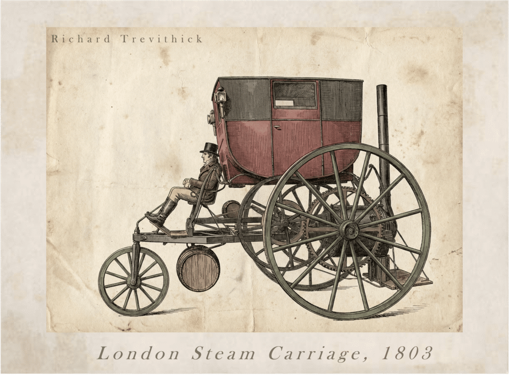 Dibujo de la London Steam Carriage, 1803, de Richard Trevithick