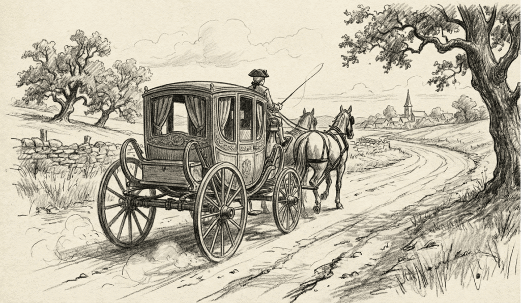 Dibujo de transporte del siglo XVIII: carroza halada por dos caballos