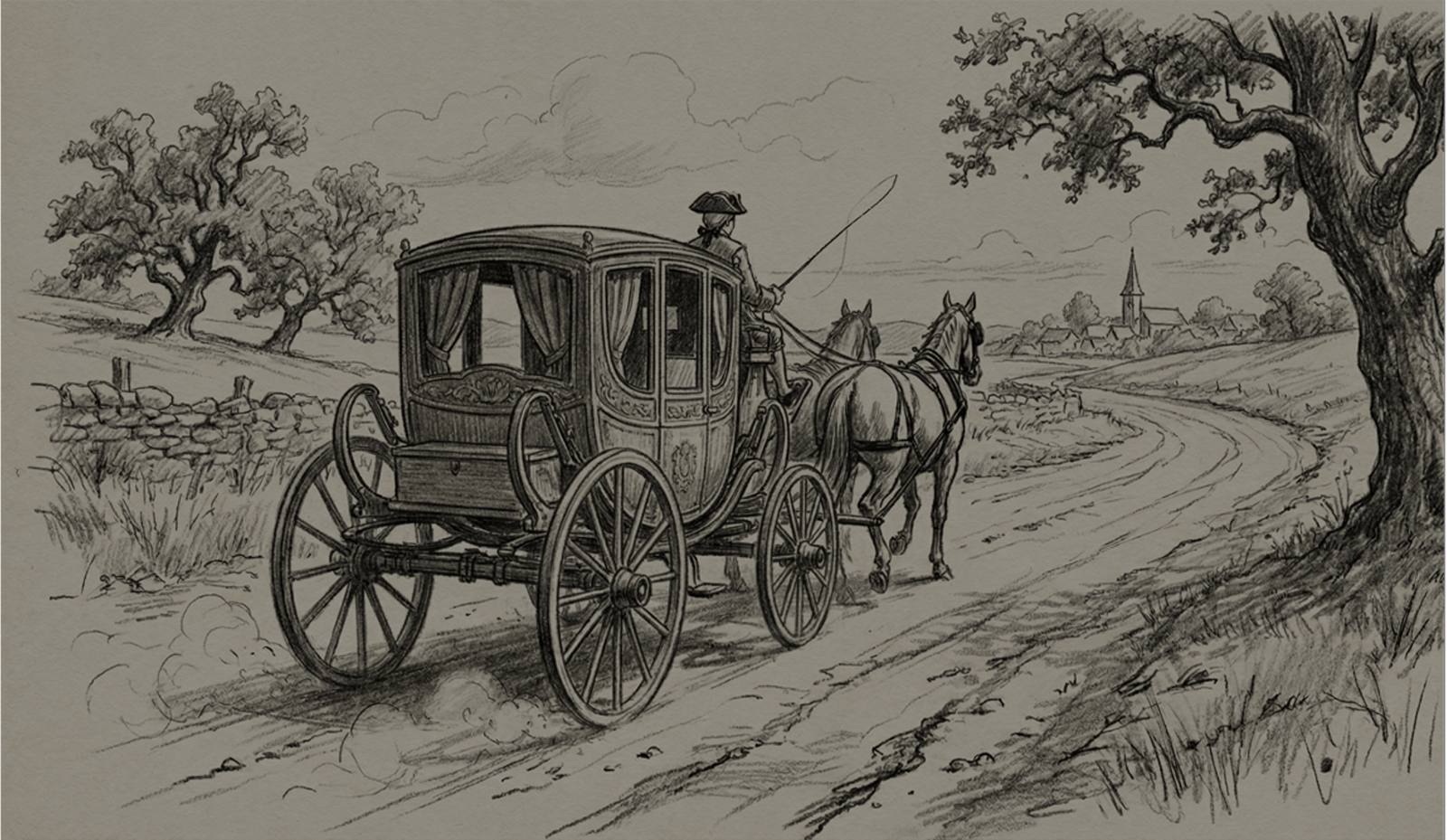 Dibujo de transporte del siglo XVIII: carroza halada por dos caballos