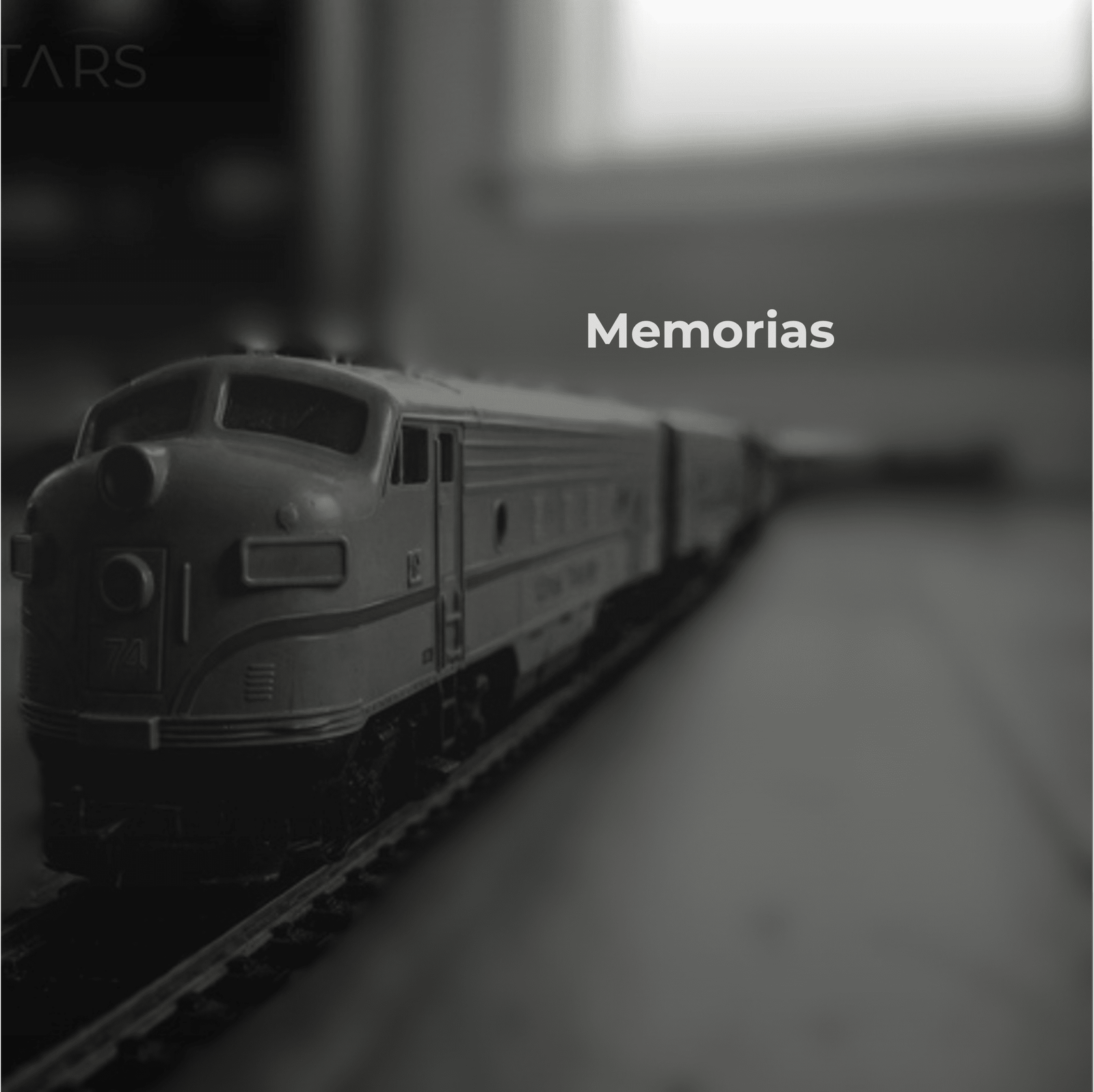 Foto blanco y negro de tren a escala. El tren está sobre rieles en el piso
