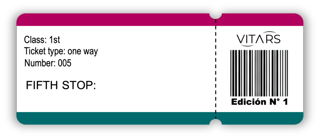 Graphic of a vintage-style train ticket for Vitars magazine Edición Nº 1, labeled "FIFTH STOP".