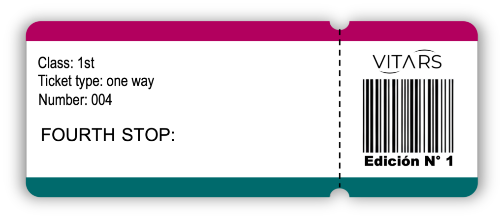Graphic of a vintage-style train ticket for Vitars magazine Edición Nº 1, labeled "FOURTH STOP".