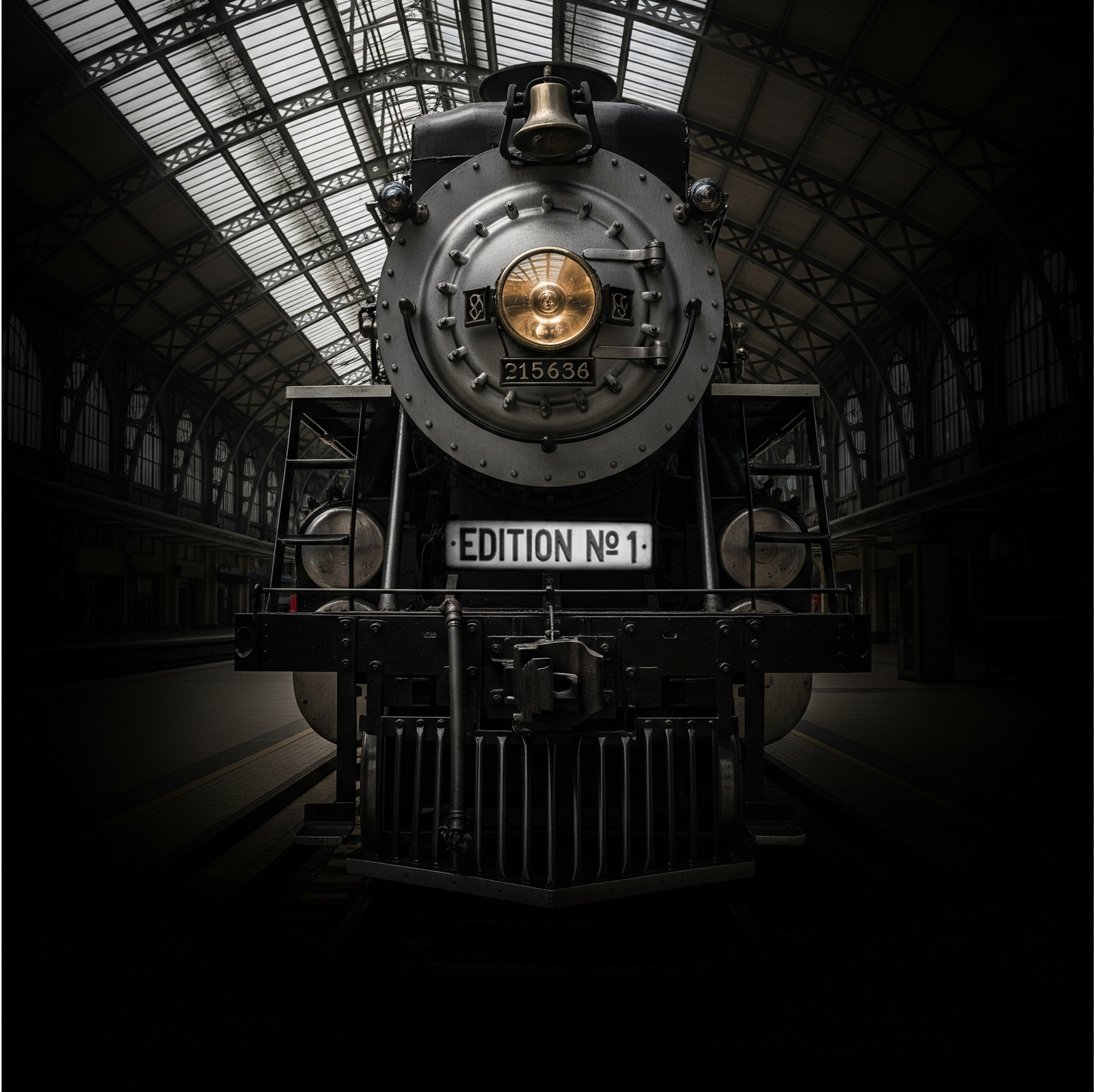 Frontal view of a vintage steam locomotive inside a grand, glass-roofed train station, featuring a glowing golden headlight and a placard reading "EDITION Nº 1" for Vitars digital magazine.