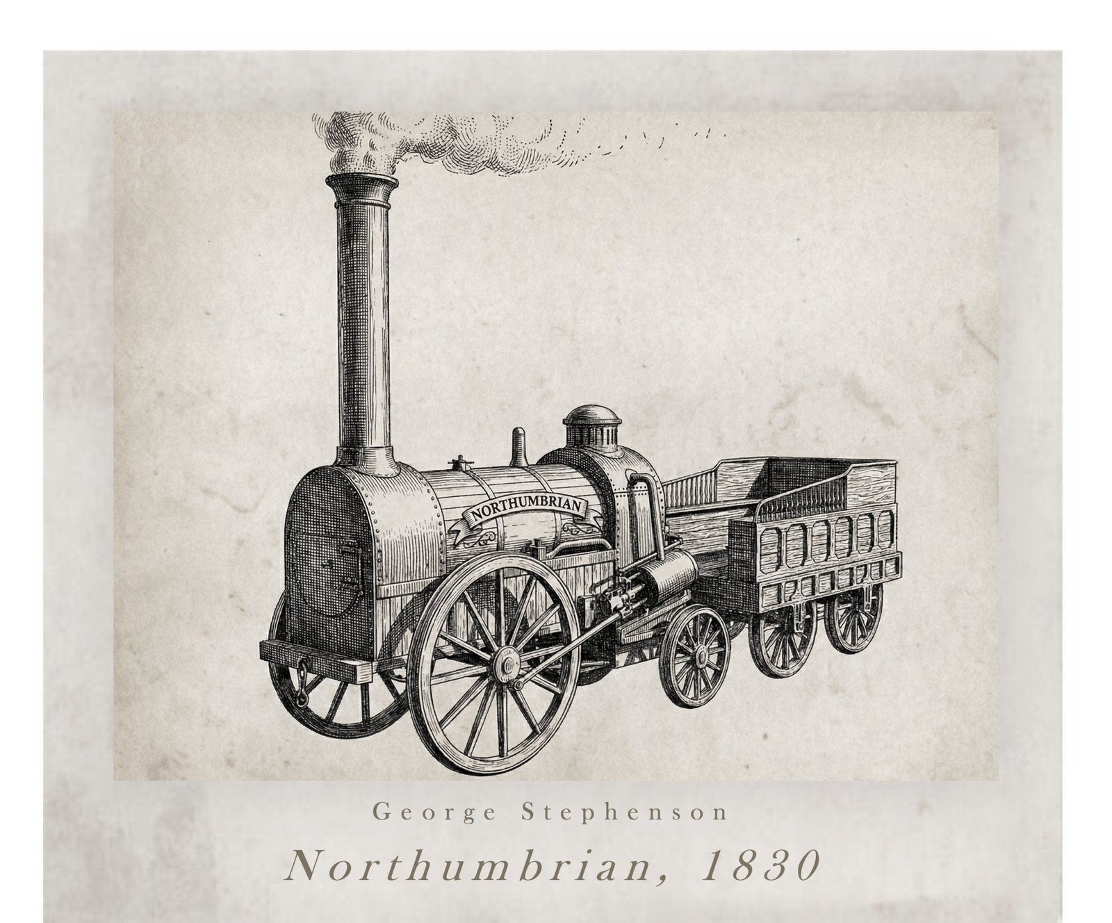 Ilustraciòn de la locomotora Northumbrian de George Stephenson, 1830.