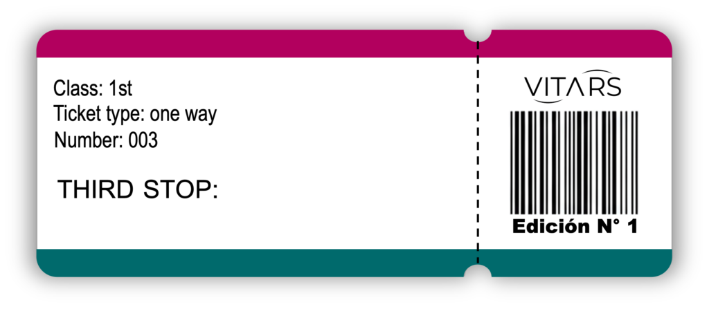Graphic of a vintage-style train ticket for Vitars magazine Edición Nº 1, labeled "THIRD STOP".