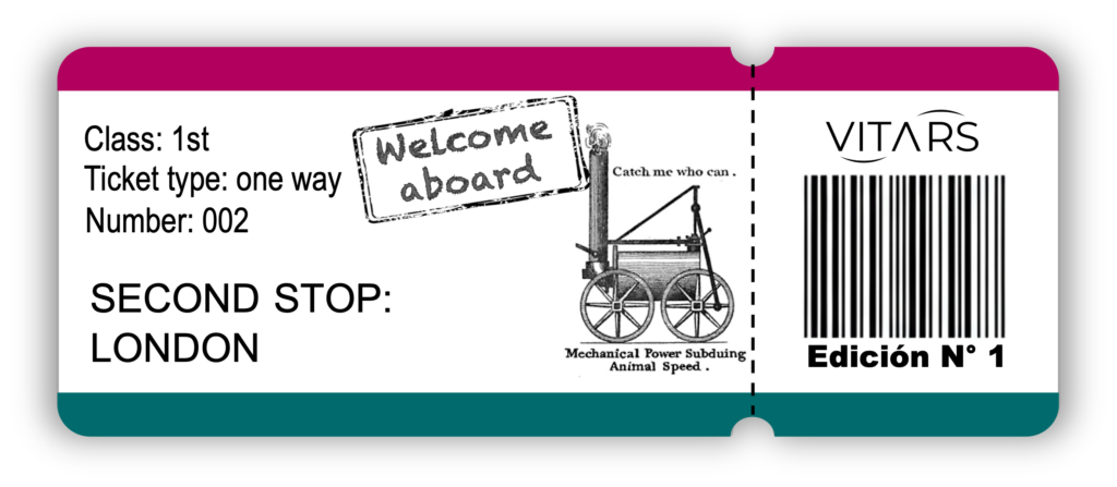 Graphic of a vintage-style train ticket for Vitars magazine Edición Nº 1, labeled "SECOND STOP: LONDON" with a "Welcome aboard" stamp and an old locomotive.