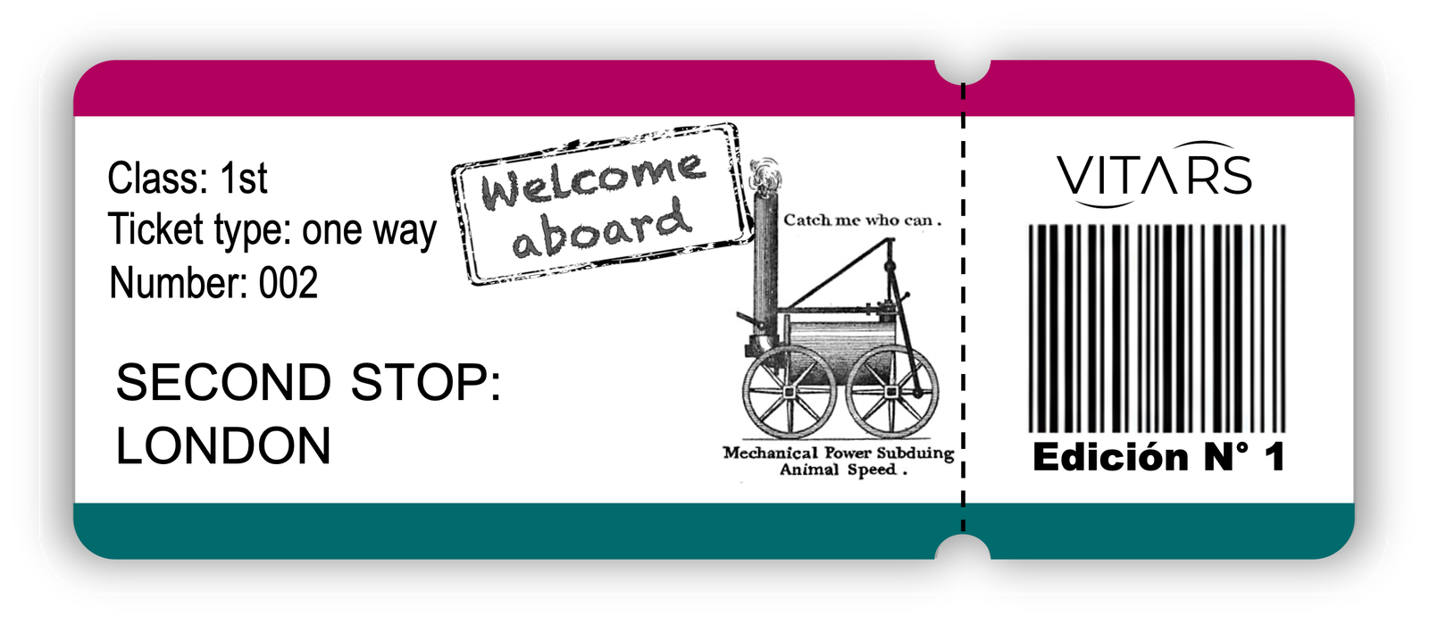 Graphic of a vintage-style train ticket for Vitars magazine Edición Nº 1, labeled "SECOND STOP: LONDON" with a "Welcome aboard" stamp and an old locomotive.