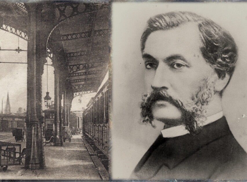 Primera parada: Dijon. El viaje inconcluso 1 Historical composite of cinema pioneer Louis Le Prince alongside the 19th-century Dijon railway station platform. The image features Le Prince’s portrait with a Victorian mustache and a period photograph of a steam train at the Dijon station, his last known location before his 1890 disappearance.