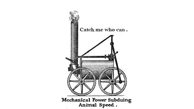 Catch Me Who Can Ticket An admission ticket for Richard Trevithick’s 1808 steam circus, featuring an illustration of the "Catch Me Who Can" locomotive. The black-and-white drawing shows the engine with a tall smokestack and four wheels, accompanied by the slogans "Catch me who can" and "Mechanical Power Subduing Animal Speed."