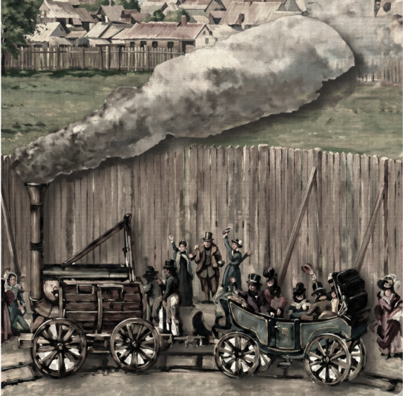 Segunda parada: Londres. Atrápame si puedes pueda 4 Ilustración con la máquina de Trevithick enganchada a un vagón con pasajeros