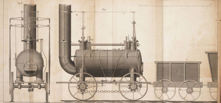 Tercera parada: Killingworth. ¡Vorwärts! 2 A 19th-century technical engraving showing the design of George Stephenson's Killingworth locomotive. The image features a detailed side profile (Fig. I) and a front-view cross-section (Fig. II) of the steam engine on tracks, coupled with a wooden coal tender. The mechanical drawing highlights the large horizontal boiler, the vertical cylinders partially submerged within it, and the complex system of rods and chains connecting the spoked wheels. The illustration is rendered in a vintage, fine-line ink style on aged, parchment-like paper with visible folding creases and technical annotations.