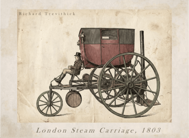 Second Stop: London. Catch Me Who Can 2 A vintage-style illustration of Richard Trevithick's "London Steam Carriage" from 1803. The drawing shows a large, red passenger cabin mounted high above massive spoked rear wheels and a smaller front steering wheel. A driver in a top hat sits at the front, while a vertical boiler and smokestack are located at the rear. The artwork is set on an aged, textured parchment background with the text "Richard Trevithick" and "London Steam Carriage, 1803" at the top and bottom.