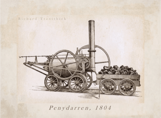 Second Stop: London. Catch Me Who Can 3 A vintage-style ink illustration of Richard Trevithick's "Penydarren" locomotive from 1804, the first steam engine to run on rails. The drawing depicts a horizontal boiler with a massive flywheel on one side and a tall vertical chimney. It is shown pulling a small wooden wagon filled with coal. The artwork is presented on a textured, aged parchment background with the text "Richard Trevithick" at the top and "Penydarren, 1804" at the bottom.