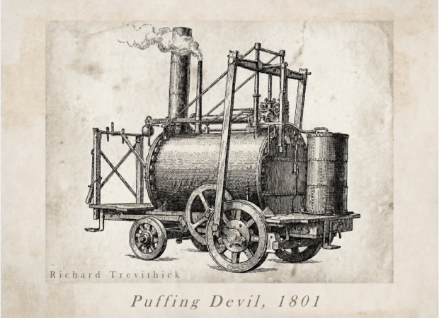 Second Stop: London. Catch Me Who Can 1 A vintage-style ink illustration of Richard Trevithick's "Puffing Devil" from 1801, the first steam-powered passenger carriage. The drawing shows a large horizontal boiler on a wooden frame with oversized spoked wheels and a tall vertical chimney emitting steam. The image is presented on a textured, aged parchment background with the captions "Richard Trevithick" and "Puffing Devil, 1801" at the bottom.
