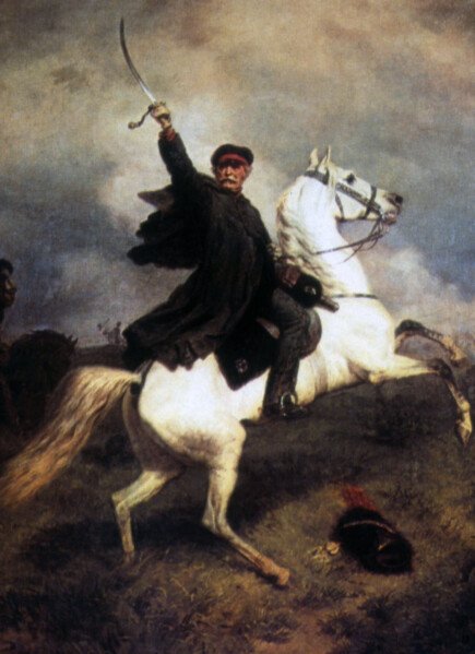 Tercera parada: Killingworth. ¡Vorwärts! 1 An oil painting by Emil Hünten depicting the Prussian Field Marshal Gebhard Leberecht von Blücher, known as "Marschall Vorwärts." He is shown in a dynamic pose, mounted on a rearing white horse in the middle of a battlefield. Blücher wears a dark military overcoat and a red-banded cap, raising a curved saber high in his right hand as if signaling a charge. The background is atmospheric and smoky, with muted earth tones and a cloudy sky that emphasize the intensity of the scene.