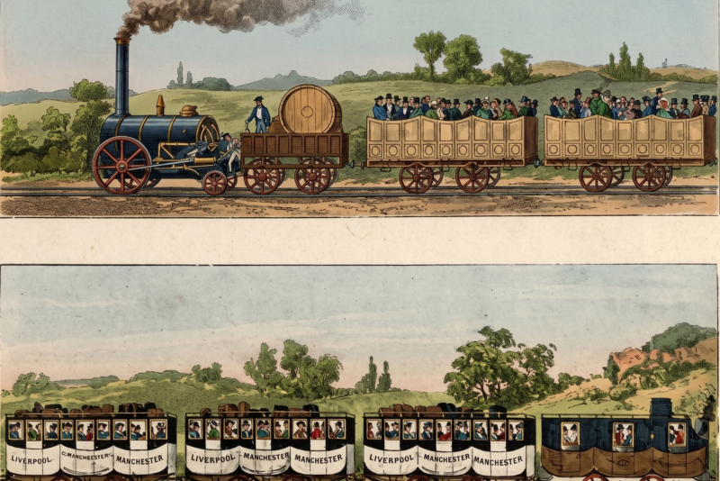 Cuarta parada: Liverpool. El día en que nació la era del ferrocarril 2 A two-panel historical illustration of the Liverpool and Manchester Railway. The top panel shows an early steam locomotive with a tall chimney pulling a water-barrel tender and two open-air passenger carriages filled with people in 19th-century attire. The bottom panel depicts a "first-class" train with enclosed carriages designed like stagecoaches, labeled "Liverpool" and "Manchester," carrying passengers and luggage. The image is set against a rural landscape and features vibrant colors from modern AI colorization.